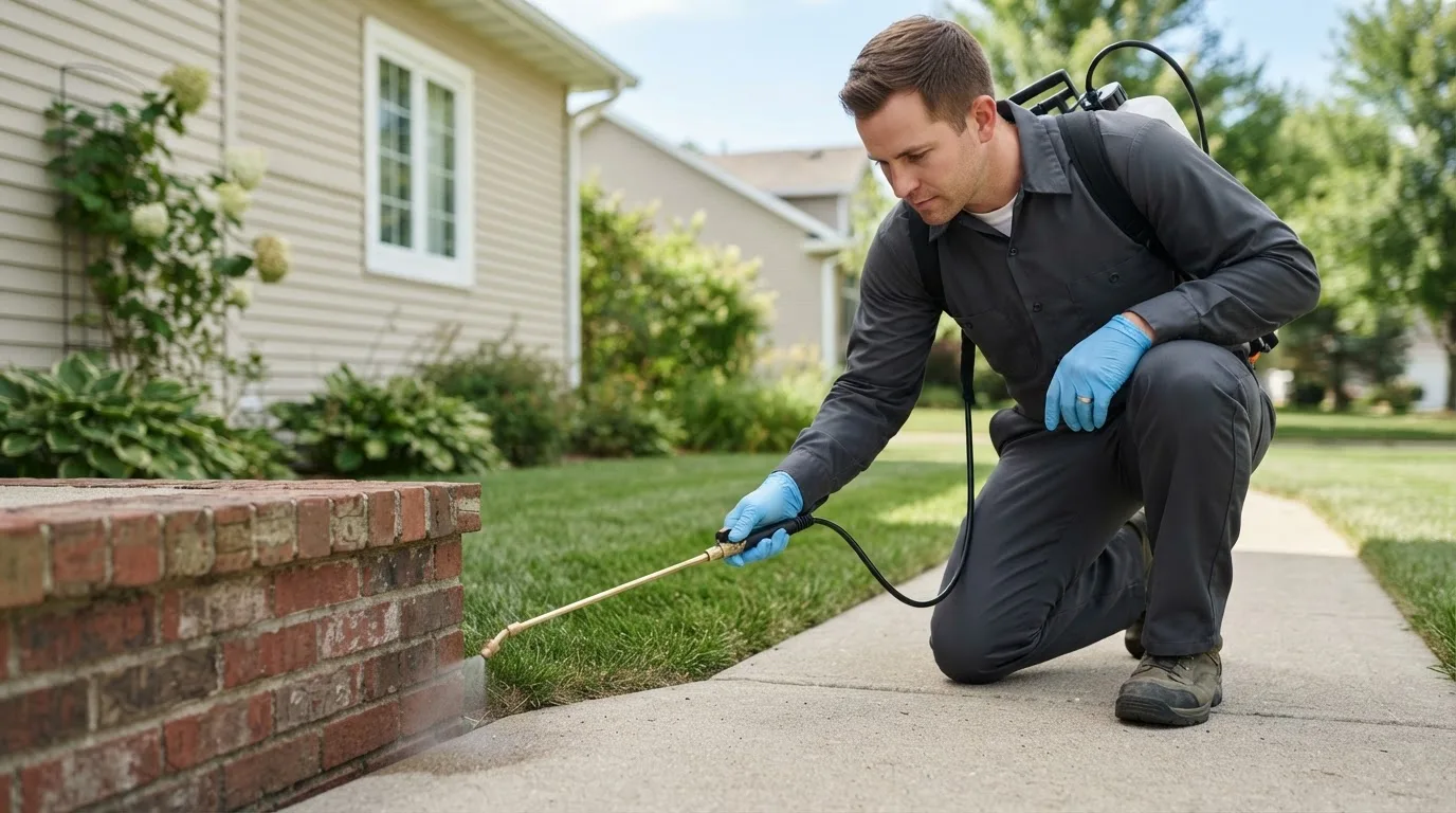 Pest control technician treating a home near Medora, ND